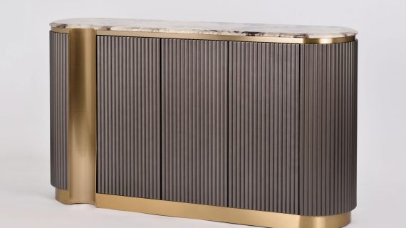 miniaturka Kasztanowa Komoda RTV Marmur Złote Nogi – Eleganza