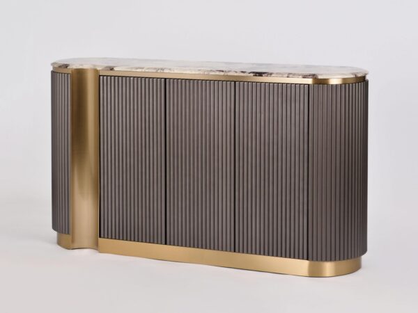 Komoda nowoczesna z ryflowanymi frontami w odcieniu grafitu i złotymi detalami