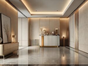 miniaturka Okrągły Stół Kremowy Złoty Akcent Marmurowy Blat – Eleganza