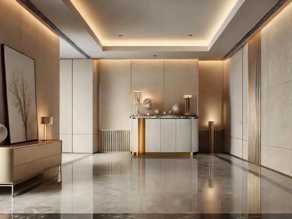 Eleganckie wnętrze hotelowe z ryflowanym bufetem i dekoracjami w stylu glamour
