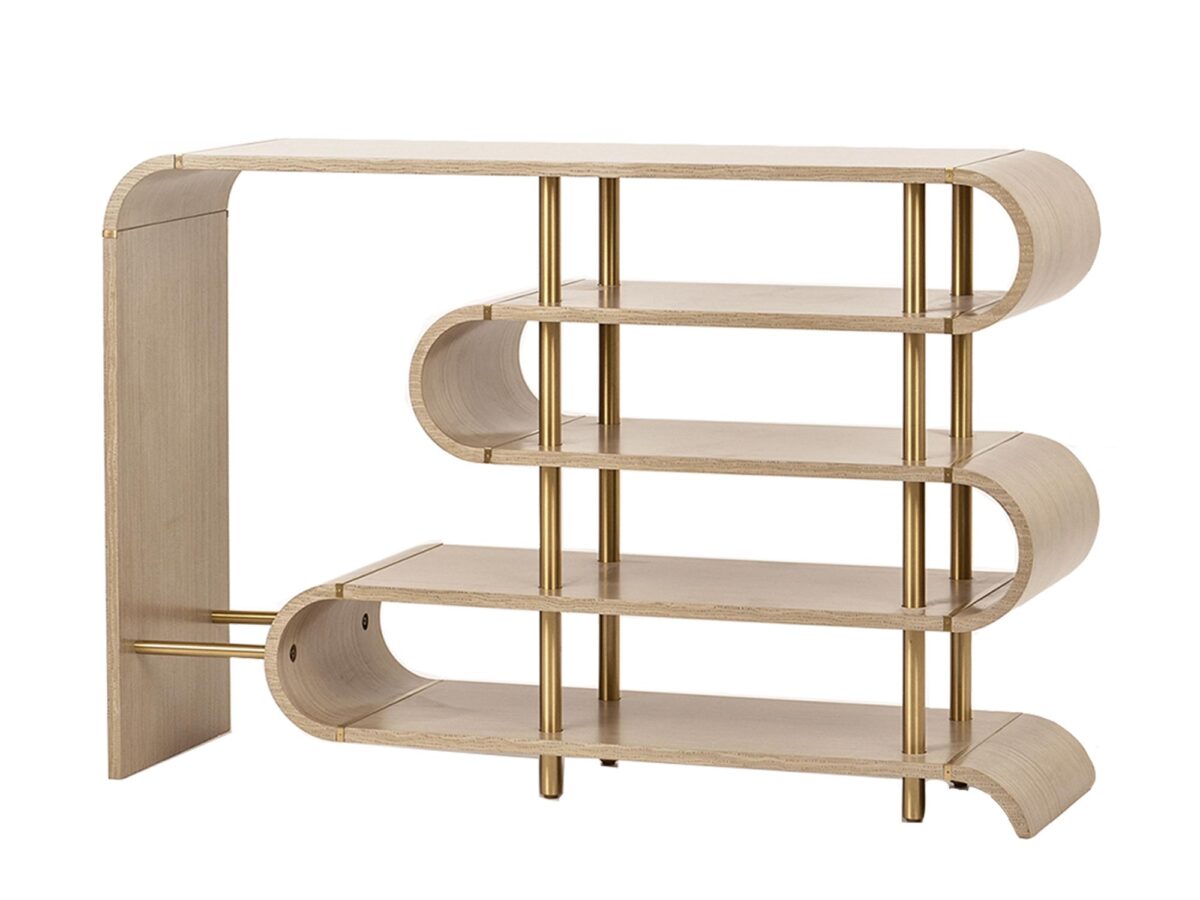 Szara Konsola Złote Nogi Sinusoidalne Półki – Eleganza