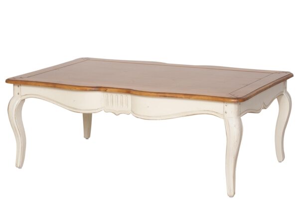 Stół z drewnianym blatem i giętymi nogami w stylu francuskim