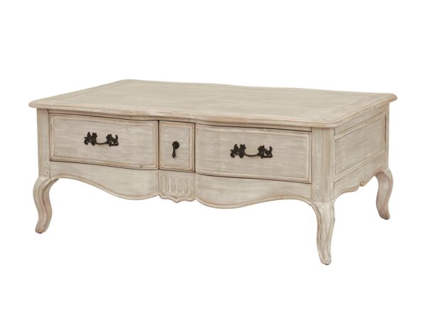 Niski stolik kawowy w stylu prowansalskim w jasnym odcieniu z szufladami
