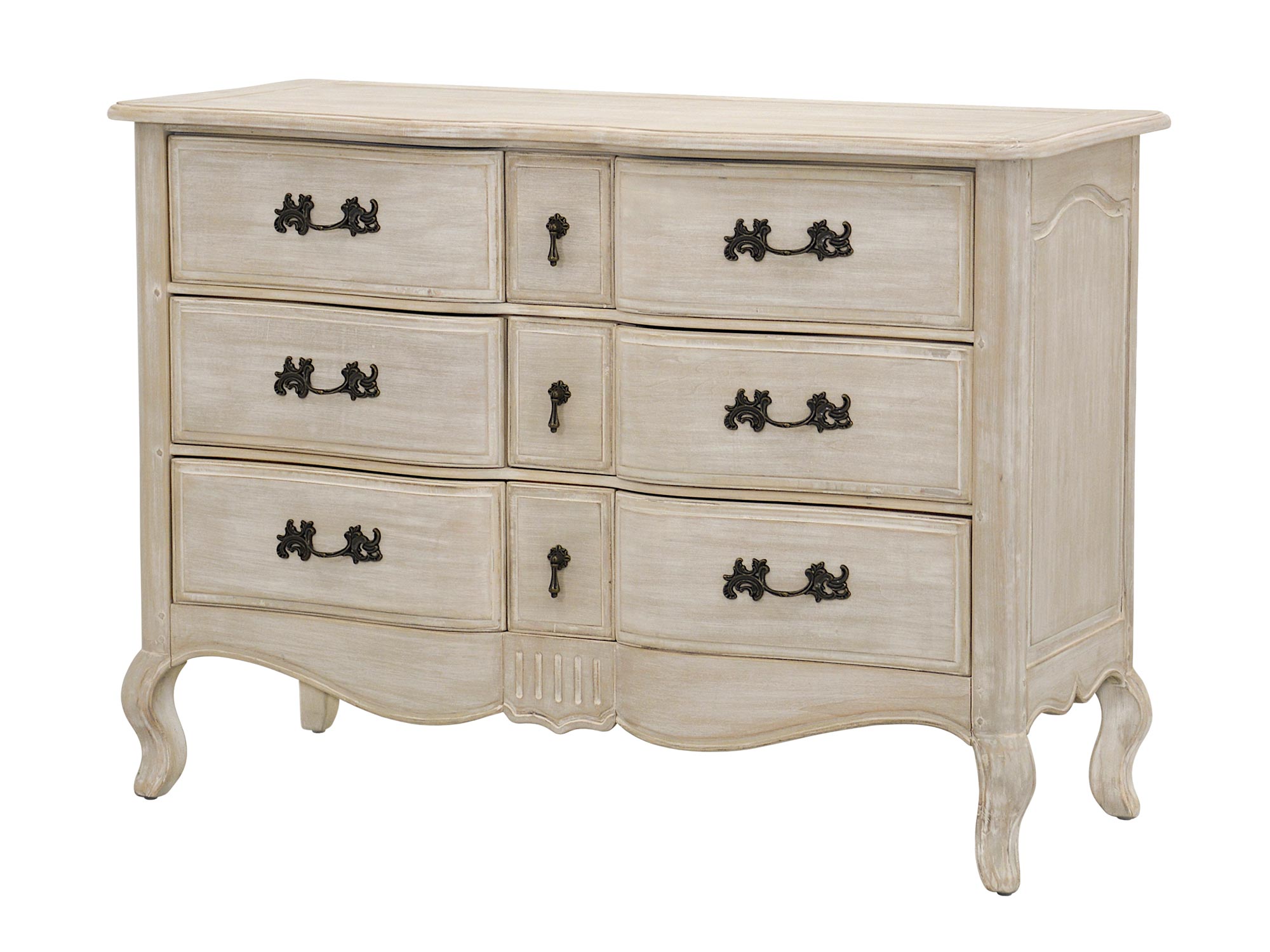 Komoda prowansalska z trzema szufladami i dekoracyjnymi uchwytami w kolorze czarnym Komoda prowansalska z trzema szufladami i dekoracyjnymi uchwytami w kolorze czarnym