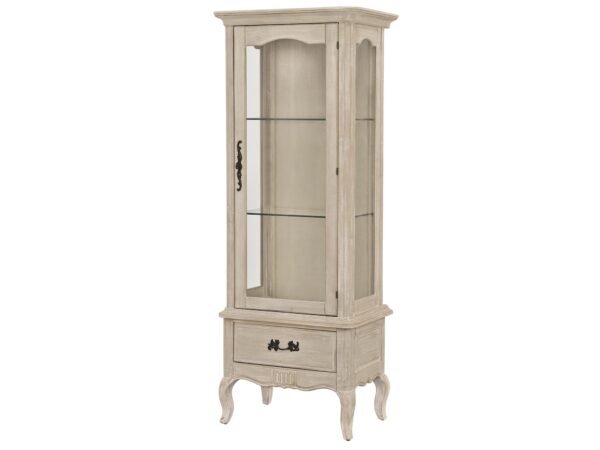 Nowoczesna witryna drewniana z przeszklonym frontem i rzeźbionymi nogami