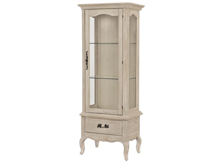 Nowoczesna witryna drewniana z przeszklonym frontem i rzeźbionymi nogami