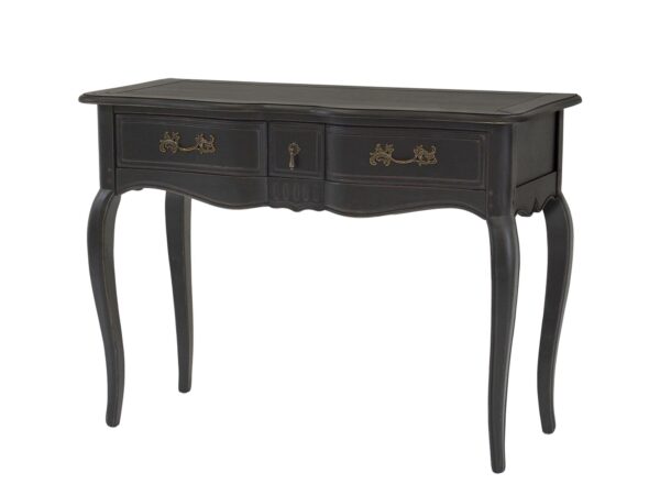Czarna konsola w stylu vintage z dwiema szufladami i złotymi uchwytami