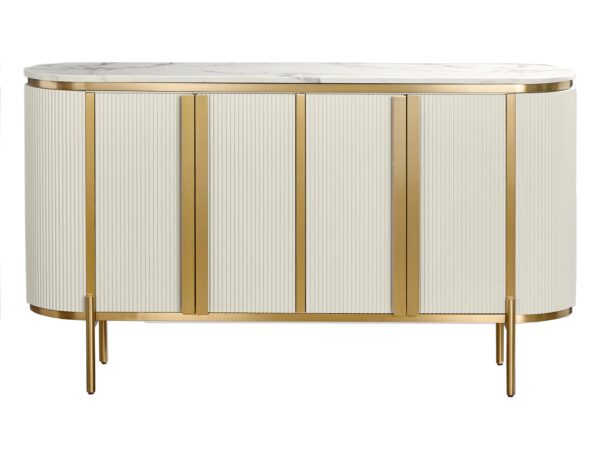 Komoda w bieli i złocie z pionowym ryflowaniem i marmurowym blatem, do luksusowych wnętrz