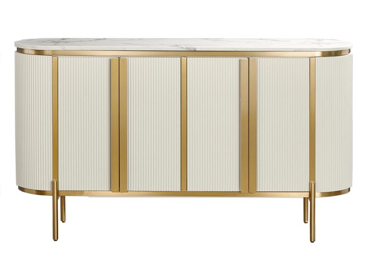 Komoda w bieli i złocie z pionowym ryflowaniem i marmurowym blatem, do luksusowych wnętrz