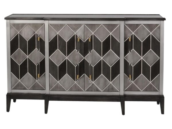 Komoda z geometrycznymi frontami w szarościach i smukłymi czarnymi nogami