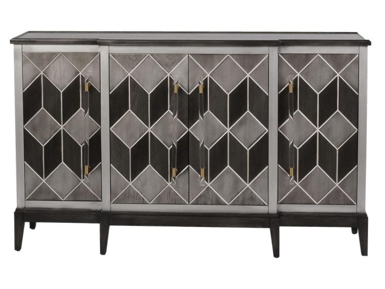 Komoda z geometrycznymi frontami w szarościach i smukłymi czarnymi nogami