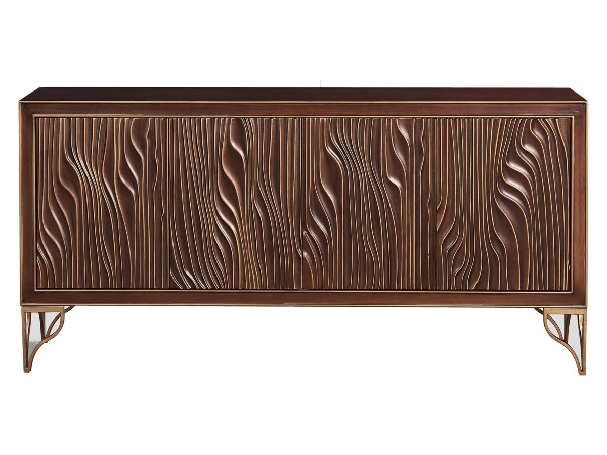 Komoda Orzech Włoski Rzeźbiony Front Złote Akcenty – Eleganza