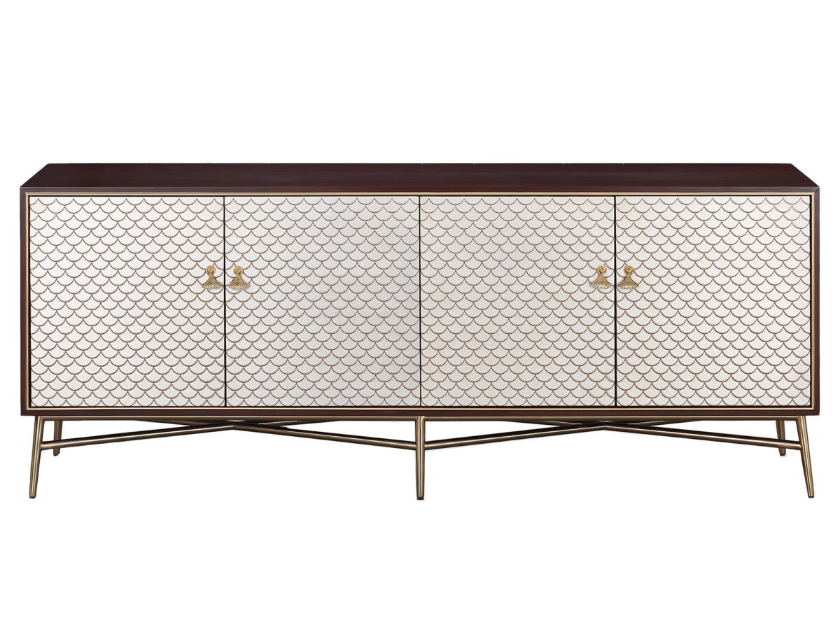 Komoda Orzech Włoski Wytłaczane Łuski Złote Nogi – Eleganza