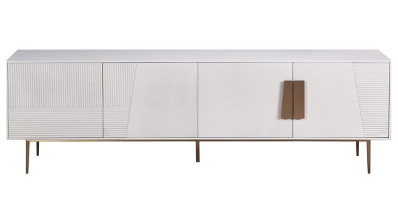 RTV Komoda Złamana Biel Ryflowane Fronty Złote Akcenty – Eleganza