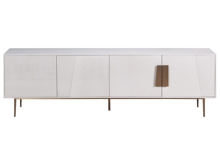 Komoda nowoczesna w białym połysku z gładkimi frontami i złotymi elementami