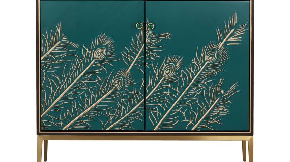 Orzechowa Komoda Turkusowy Front Złote Akcenty – Eleganza