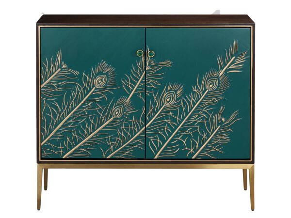 Luksusowa komoda w kolorze orzecha z frontami w złoty wzór piór