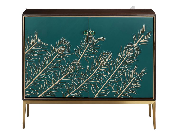 Luksusowa komoda w kolorze orzecha z frontami w złoty wzór piór