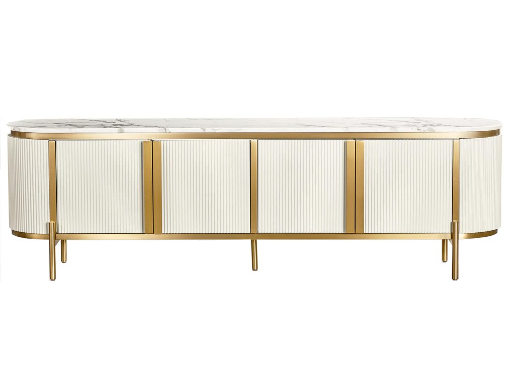 RTV Komoda Ecru Marmurowy Blat Złote Nóżki – Eleganza