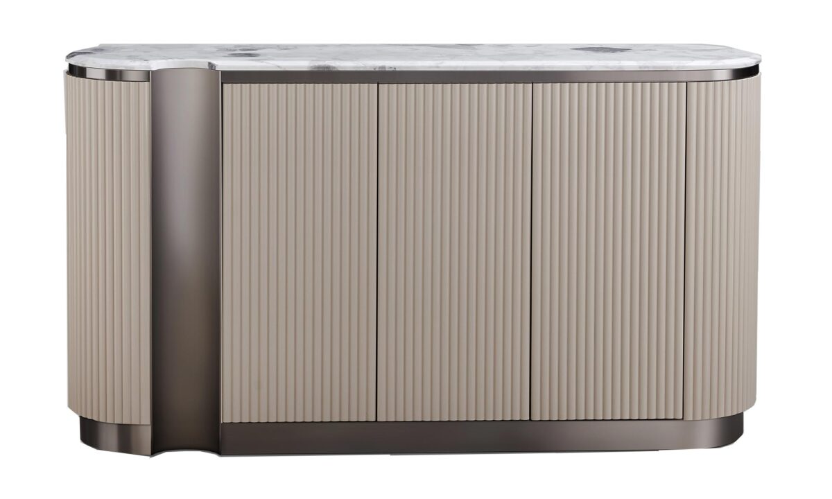 Beżowa Komoda Niklowany Wieniec Marmurowy Blat – Eleganza