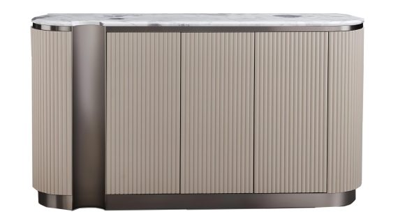 Beżowa Komoda Niklowany Wieniec Marmurowy Blat – Eleganza