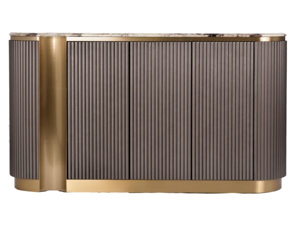 Nowoczesna komoda z ryflowanymi frontami w grafitowym kolorze i złotymi detalami