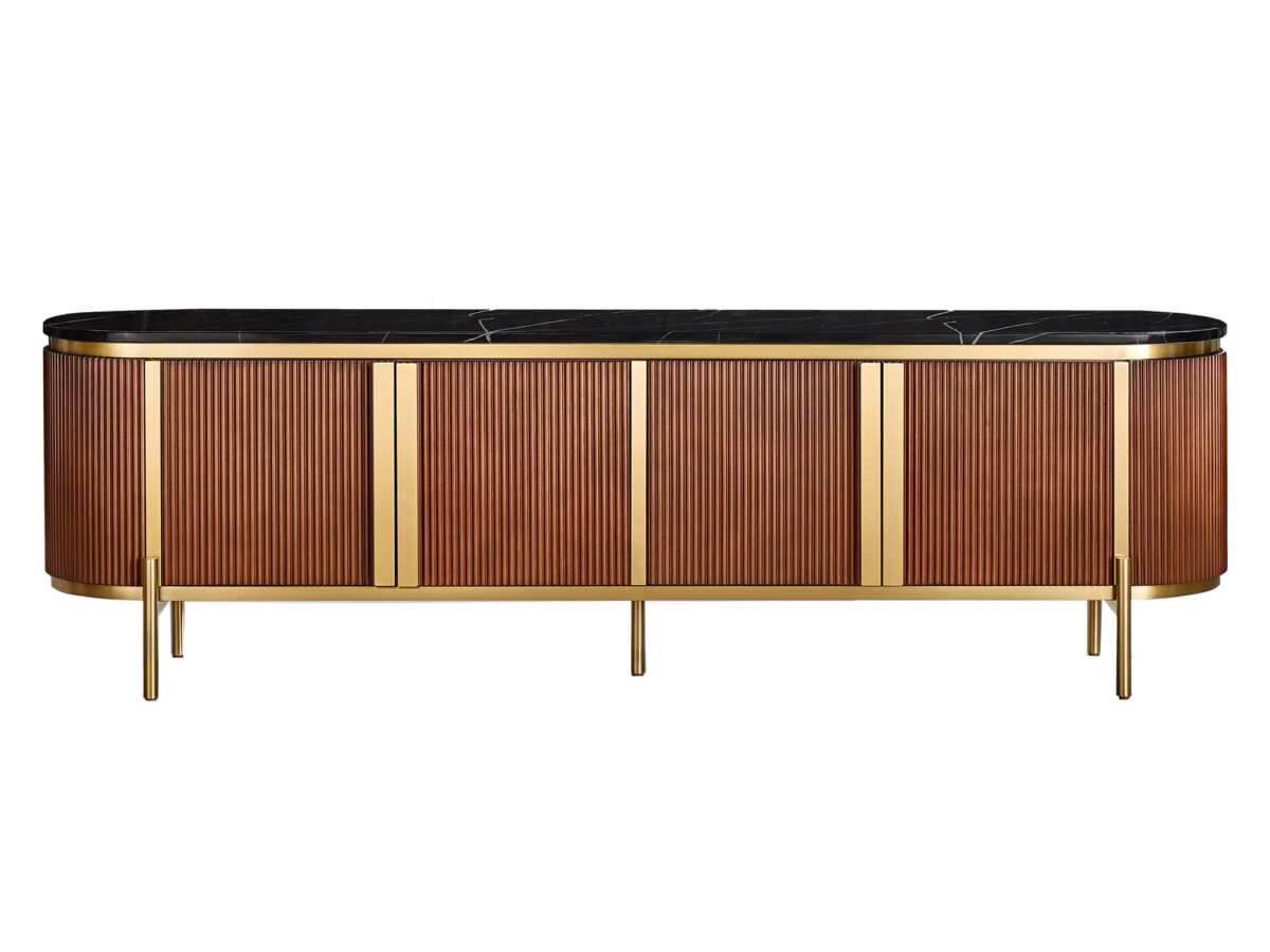 RTV Komoda Kasztanowa Marmurowy Blat Złote Nogi – Eleganza