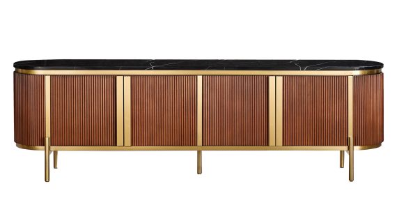 RTV Komoda Kasztanowa Marmurowy Blat Złote Nogi – Eleganza