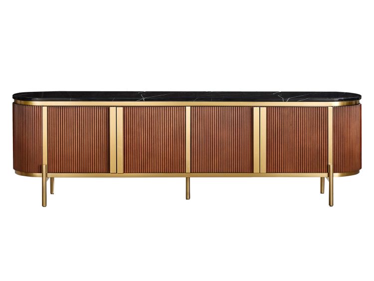 Komoda glamour z frontami o złotej fakturze i smukłymi nogami