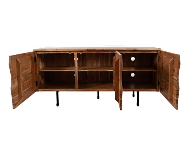 Komoda rustykalna z frontami w jodełkę i ciemnym wnętrzem