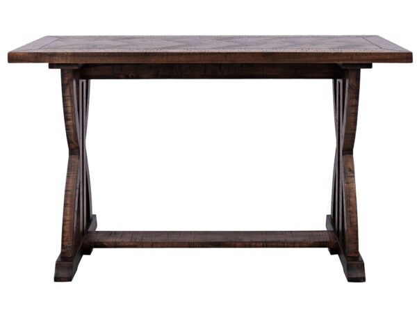 Ciemnobrązowy stół konsolowy z prostym blatem i ozdobnymi nogami