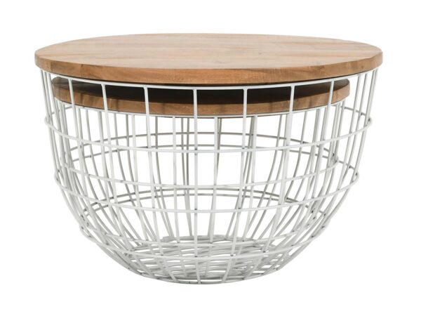 Stolik kawowy ażurowy biały z drewnianym blatem