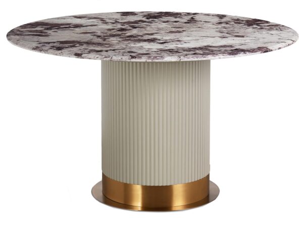 Nowoczesna konsola z marmurowym blatem i białą ryflowaną podstawą