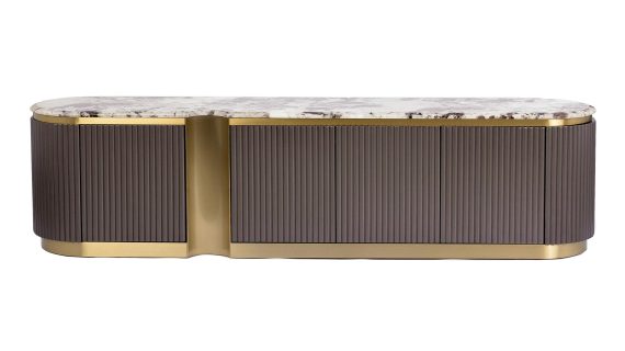 Grafitowa Komoda RTV Stylowa Marmurowy Blat – Eleganza