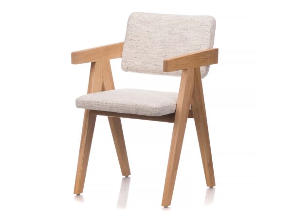 Krzesło z podłokietnikami dębowe z beżową tapicerką bouclé