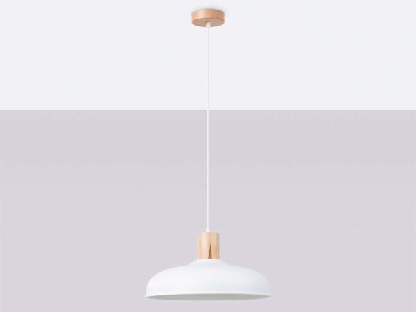 Wisząca lampa biała półkulista z drewnem