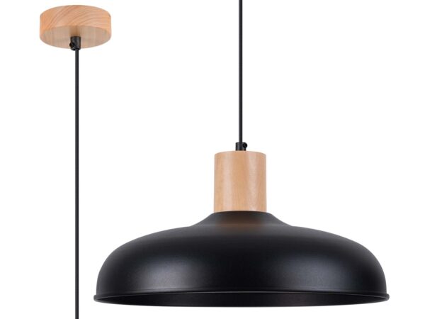 Lampa wisząca czarna kopułkowa z drewnianym elementem