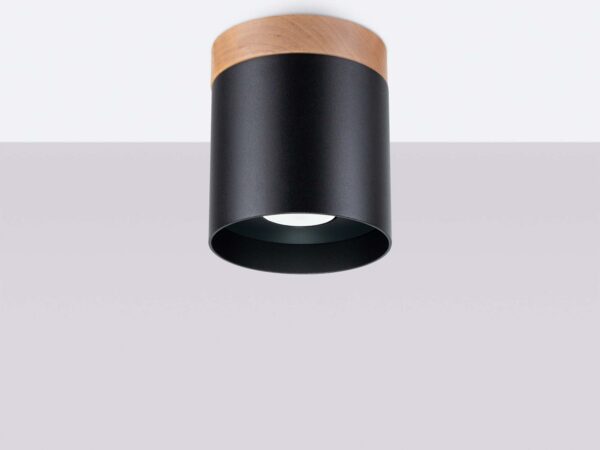 Spot sufitowy czarny cylindryczny z drewnem