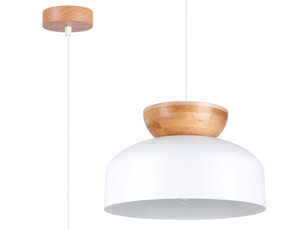 Lampa wisząca biała kopułkowa z drewnem