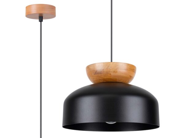 Lampa wisząca czarna kopułkowa z drewnem