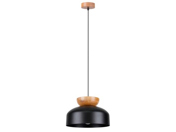 Czarna lampa kopułkowa z drewnianym elementem