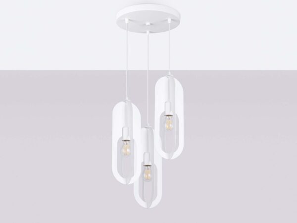 Wisząca lampa owalna czteropunktowa biała na szarym tle