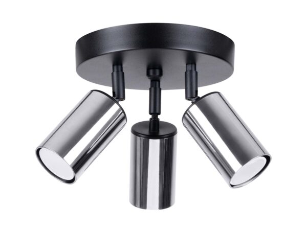 Plafon sufitowy okrągły czarno-chromowy trzypunktowy z reflektorami