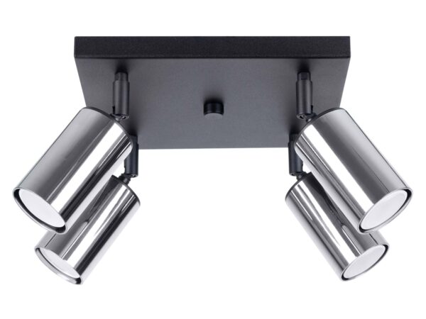 Plafon sufitowy kwadratowy czarno-chromowy czteropunktowy z reflektorami