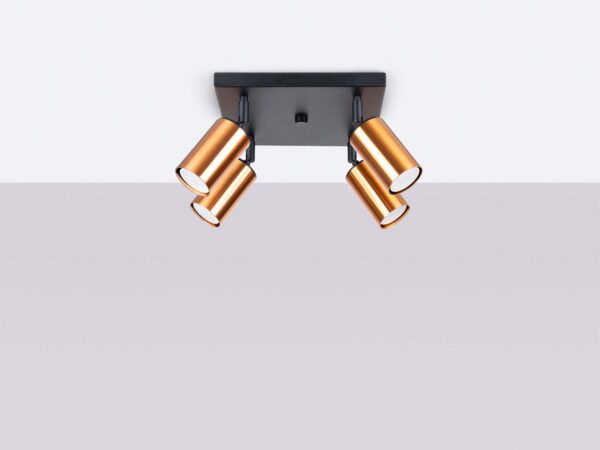 Plafon sufitowy czarny z czterema reflektorami w kolorze miedzi