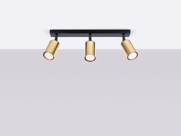 Potrójna lampa sufitowa złota na czarnej listwie