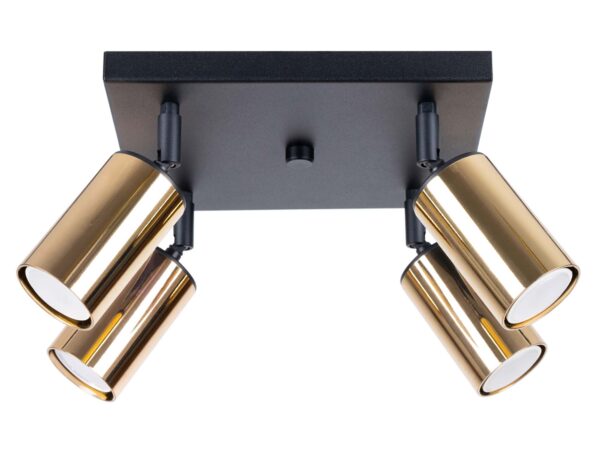 Lampa sufitowa czarna z czterema złotymi reflektorami