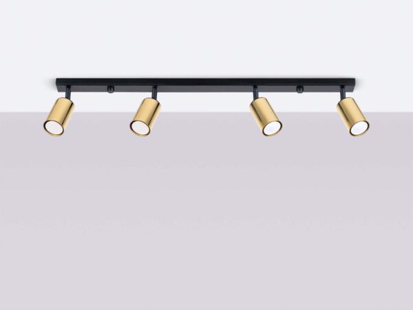 Lampa sufitowa listwa czarna z czterema złotymi reflektorami