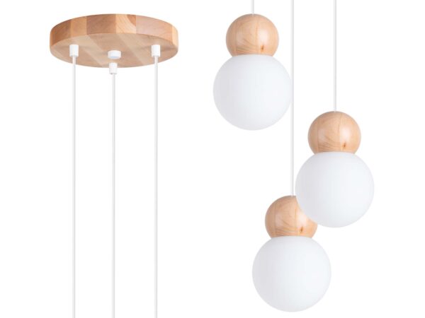 Lampa wisząca potrójna z drewnianymi kulami i białymi kloszami