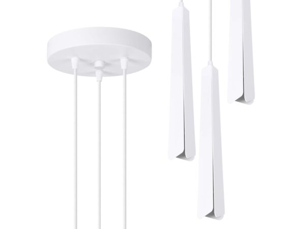 Biała lampa wisząca z trzema podłużnymi kloszami